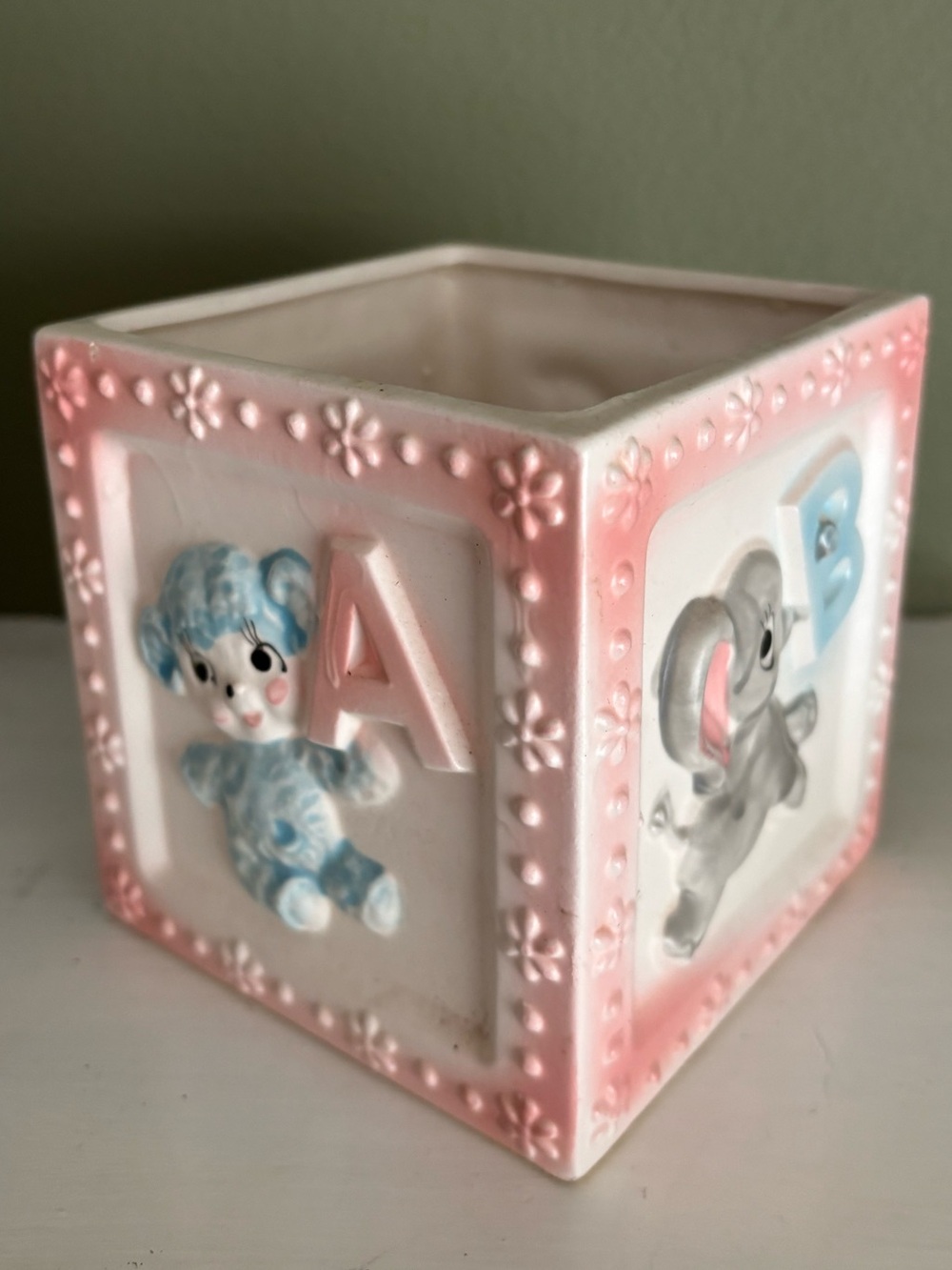 50s/60s Vintage Baby Block Planter - Pink & Blue Alphabet Nursery Decor